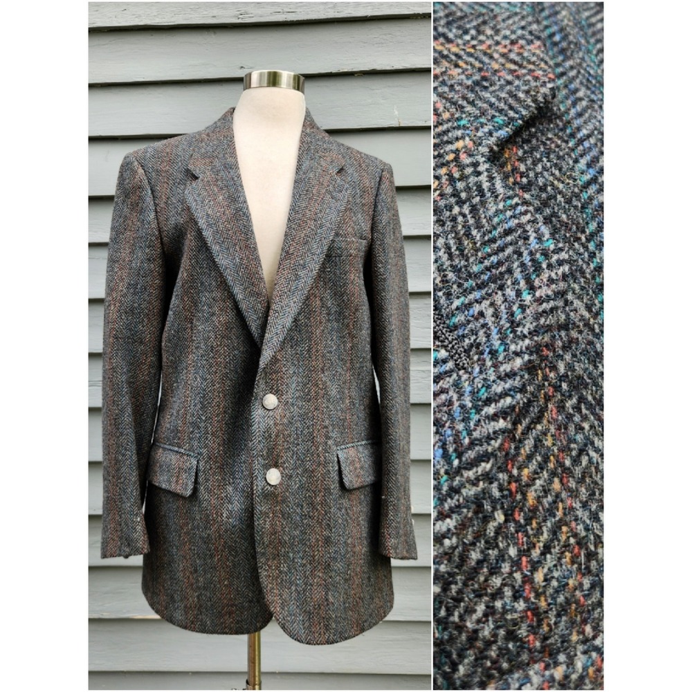Vintage 80s Multicolor Flecks Grey Blazer Herringbone Wool Tweed Mens L 42R